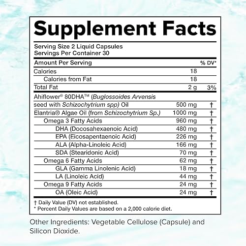 Miniatura 5 de Suplemento vegano Omega 3 - 960 mg de ácidos grasos omega-3, DHA, EPA, SDA, suplemento ALA - Apoyo inmunológico, 30 porciones, 60 cápsulas líquidas