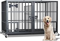 Dosker 42 Inch Heavy Duty Metal Dog Crate with Divider for Large Dogs or 2 Mediums, Escape-Proof Open Top Kennel with Wheels, Trays & Bowls