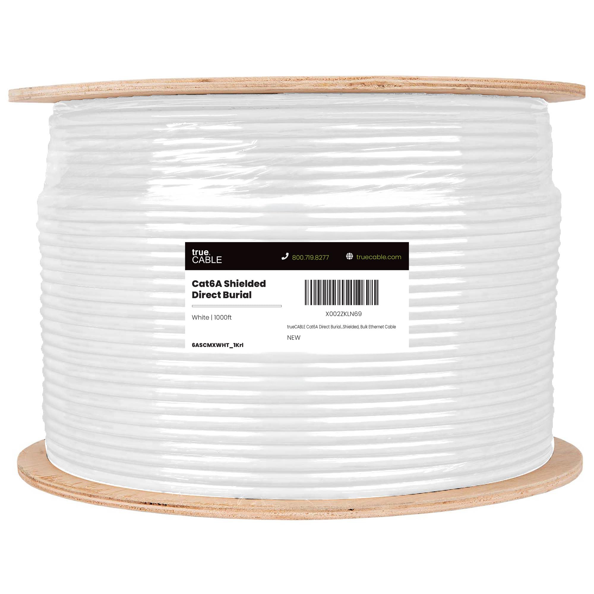 trueCABLE Cat6A Direct Sepoltura, FTP schermato, 1000 piedi, impermeabile, esterno nominale CMX, bianco, rame solido nudo 23AWG, 750MHz, PoE++ (4PPoE), ETL elencato, cavo Ethernet alla rinfusa