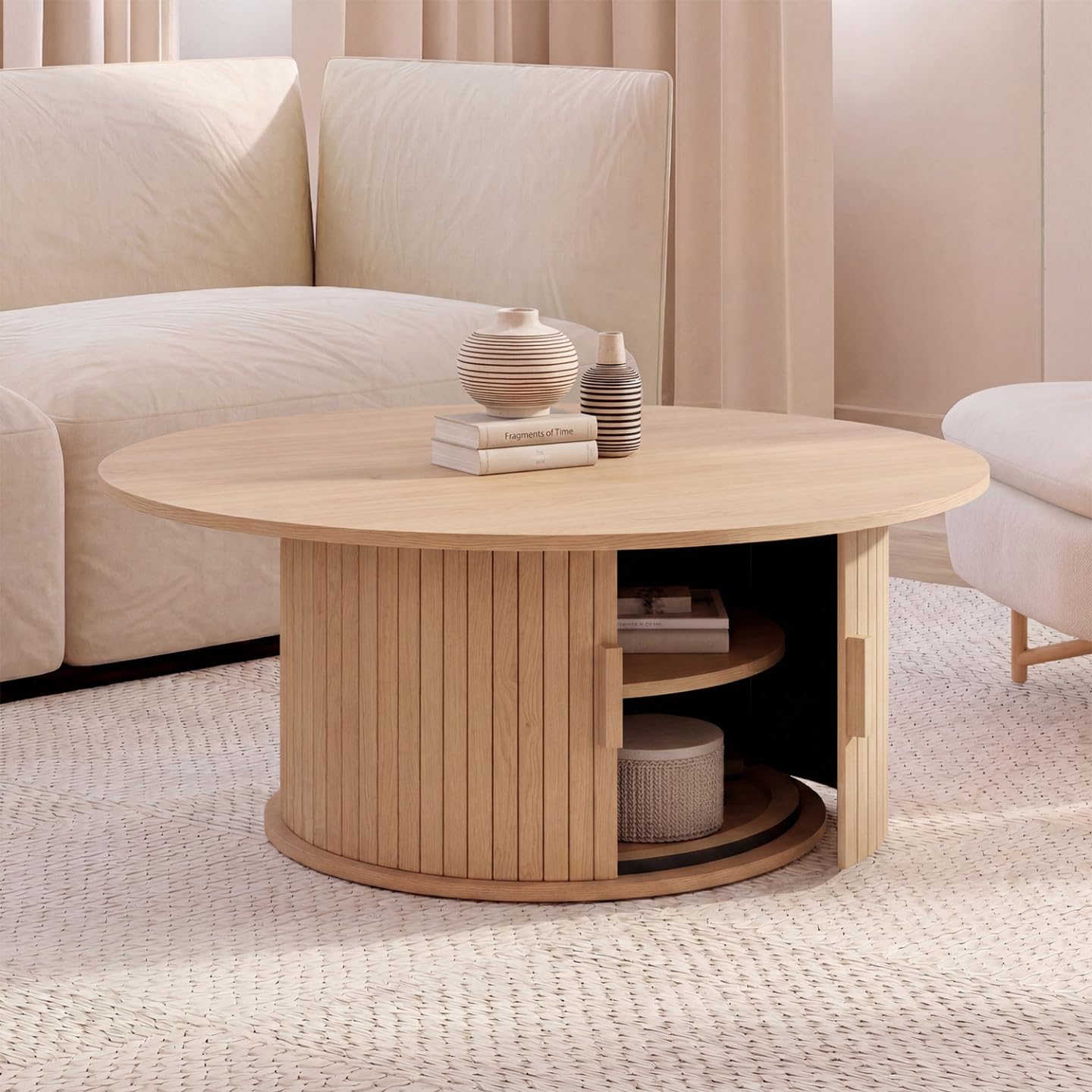 IDMarket - Table Basse Ronde Juliette 100 cm avec Rangement Lattes Bois