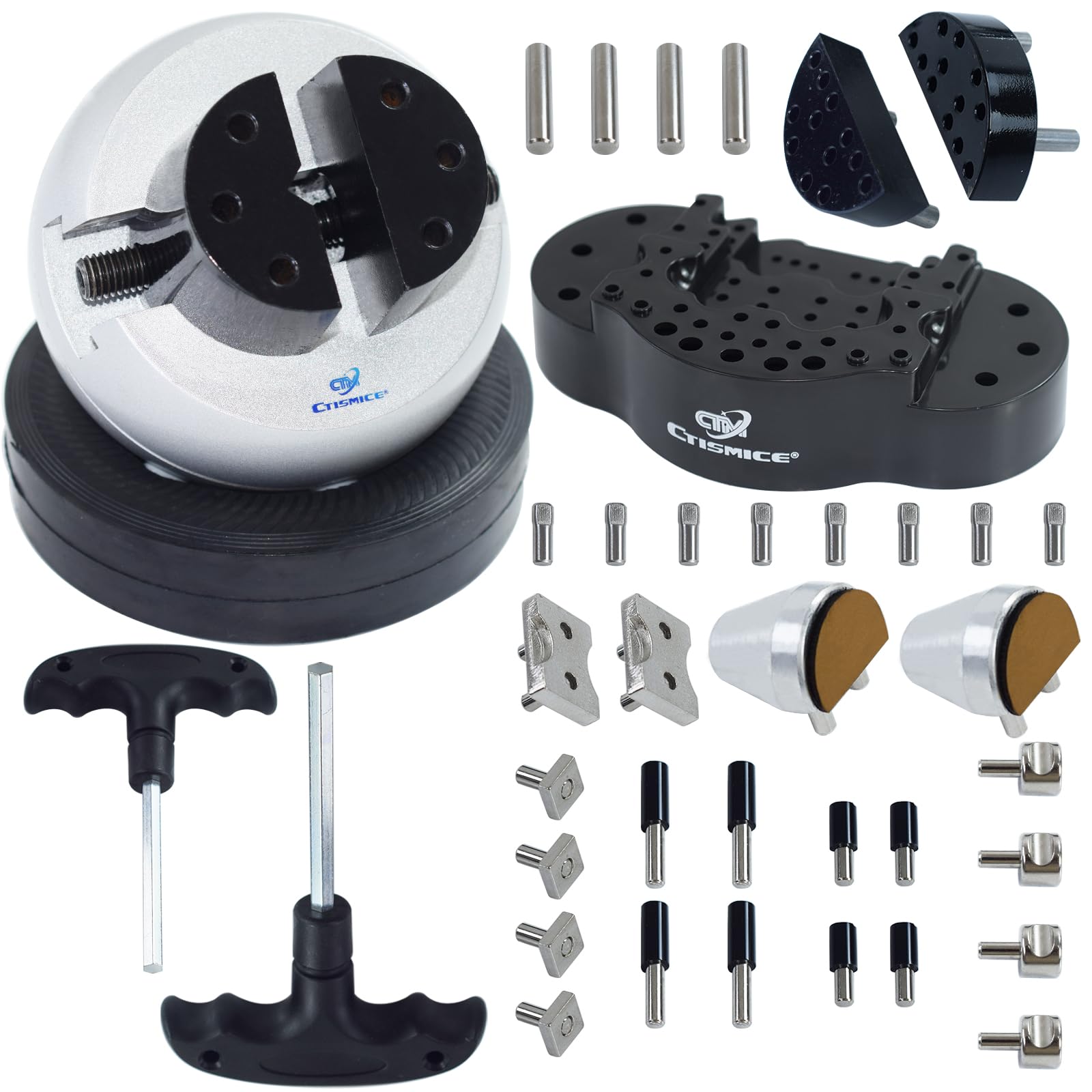 Ball Vise, 5 Inch Engraving Block Setting Tool with 2pcs Jaw, 32pcs Pin Plate Attachments for Jewelry Making, Small-Scale Engraving, Diamond Setting, 360° Rotation Jewelers Standard Ball Vice