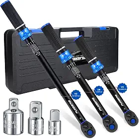 PUIBERS Conjunto de chaves de torque de 1/2 3/8 1/10.2 cm, 3 peças chaves de torque de 10 a 170 FT.LB, 5-50FT.LB, 20-240IN.LB, chave de torque de 3 peças com 3 adaptadores para bicicleta, carro,