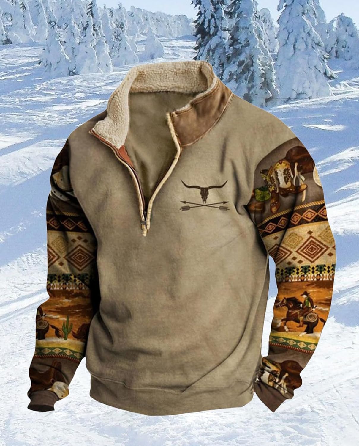 Western Sweatshirts for Men Aztec Ethnic Print Quarter Zip Pullover Fleece Hoodies Casual Stand Collar Sweatshirt - Image 2