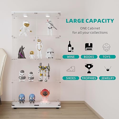 Miniatura 22 de FANYUSHOW Vitrina de cristal templado con 4 estantes con cerradura de seguridad, estante de exhibición de 0.197 in para sala de Blanco,Negro