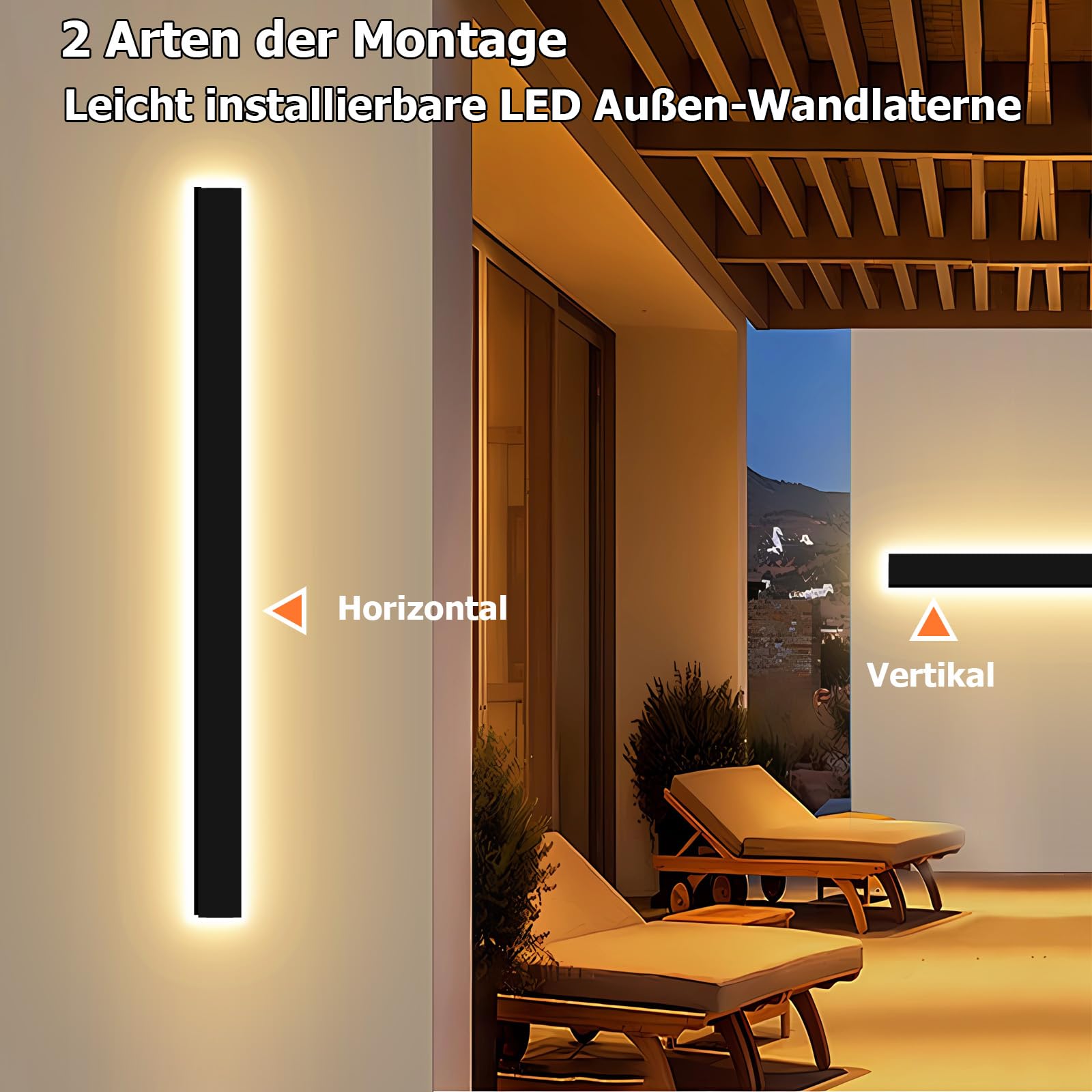 1Stück 80cm Außenwandleuchten, 3000K-6000K Dimmbare Außen LED Wandleuchte für Garage und Vordertür, Schwarz Lange Außenwandlampe IP65 Wasserdicht für Villa Schlafzimmer, Wohnzimmer Innen
