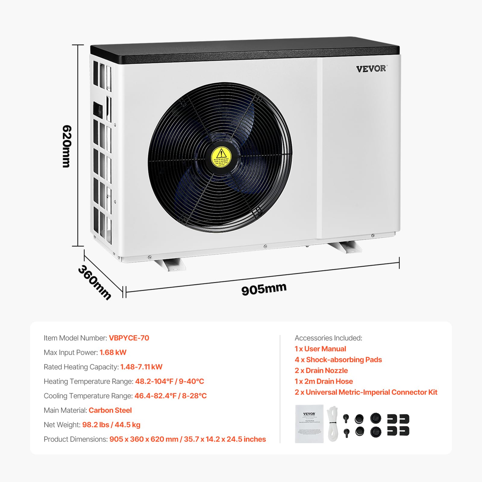 VEVOR Pompa di Calore Elettrica per Piscina, capacità 1,48-7,11 kW, Riscaldatori Frequenza Variabile a Risparmio Energetico Piscine Fuori Terra 15-30 m³, Riscaldamento Scaldabagno AC 220-240 V 50 Hz