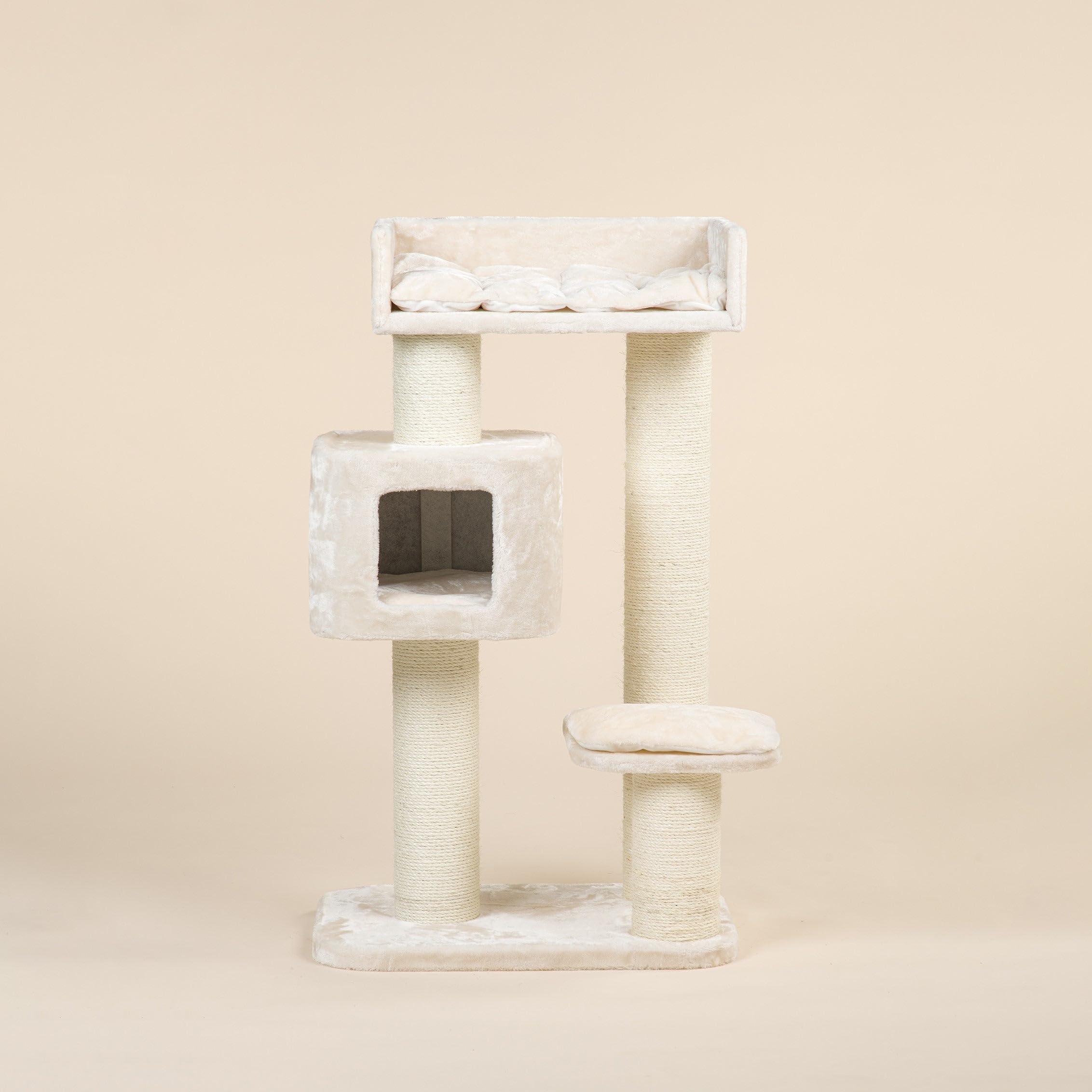 RHRQuality Árbol rascador para Gatos Grandes - Devon Rex - 120 cm de Altura - con Postes de sisal de 15 cm y casita para Jugar - Color Crema