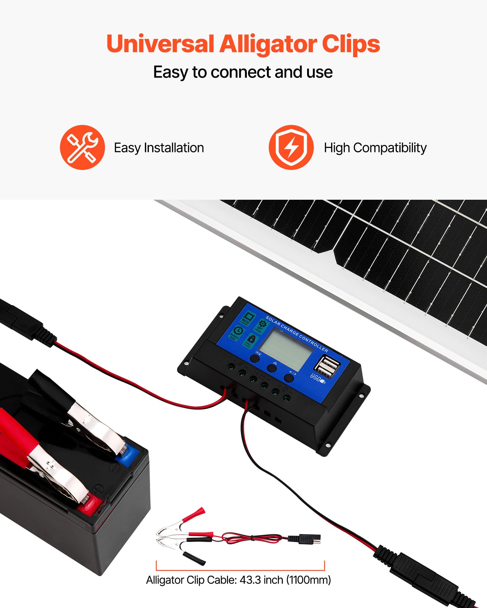 VEVOR Caricabatterie per Pannello Solare da 50 W e 12 V, Celle Monocristalline, Controllo MPPT Esterno, Staffa di Montaggio Regolabile, Impermeabile IP65, per Auto, Barche, Camper, Rimorchi