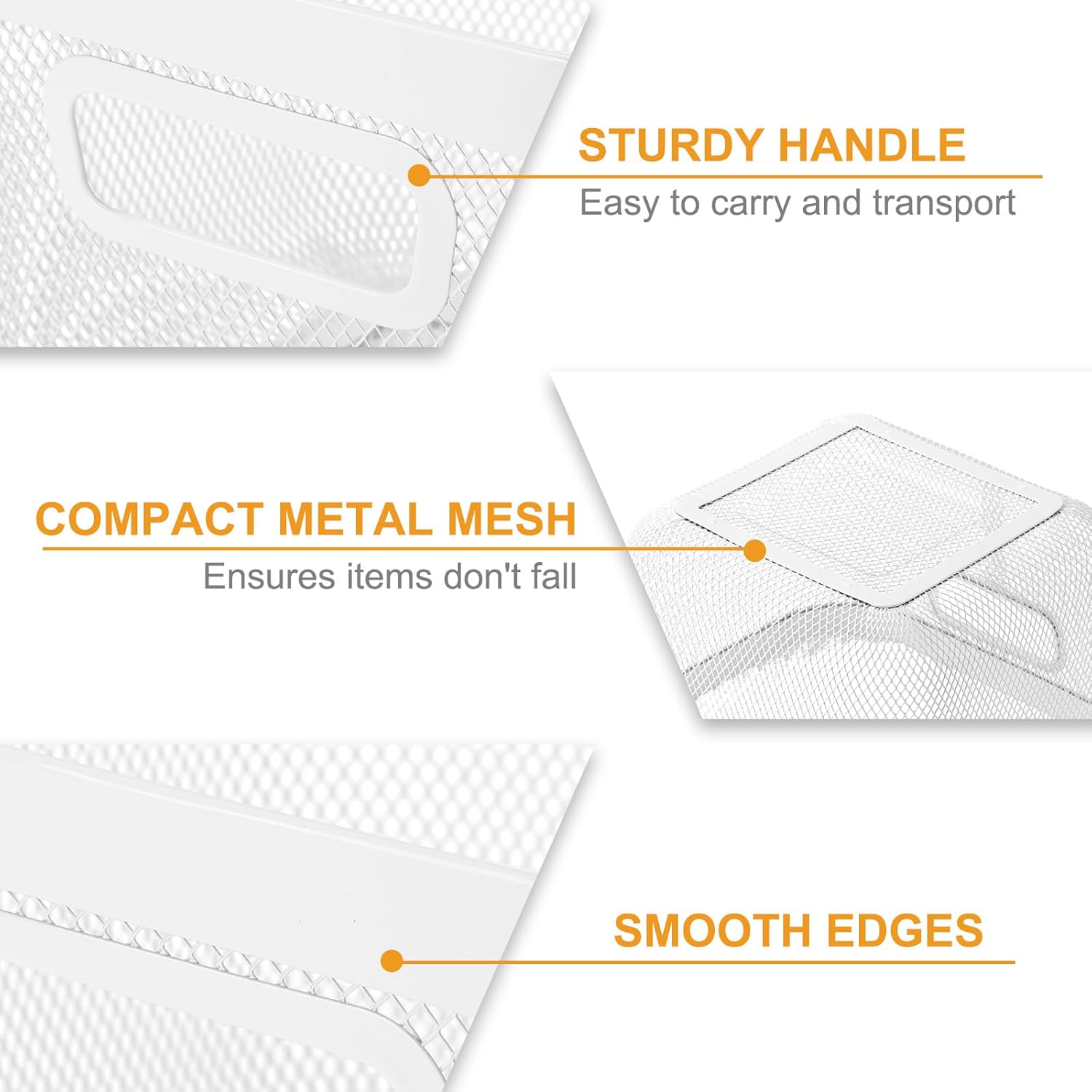 4 Pack Metal Mesh Basket with Hollow Handles White Wire Storage Bin for Organizing Stackable Metal Fine Mesh Basket for Pantry Bathroom Kitchen Cabinets Shelves (Medium)