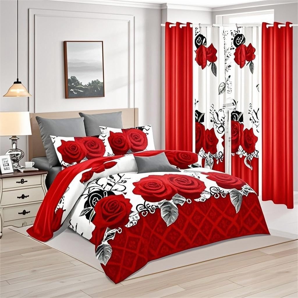 9 Pieces Bedspread Bedding Set with Matching Curtains,Queen Size,Red Rose Print,Coverlet Quilted Bed Throw,Bedcover,Red and White,Machine Washable,Gift for Wedding and Fastival