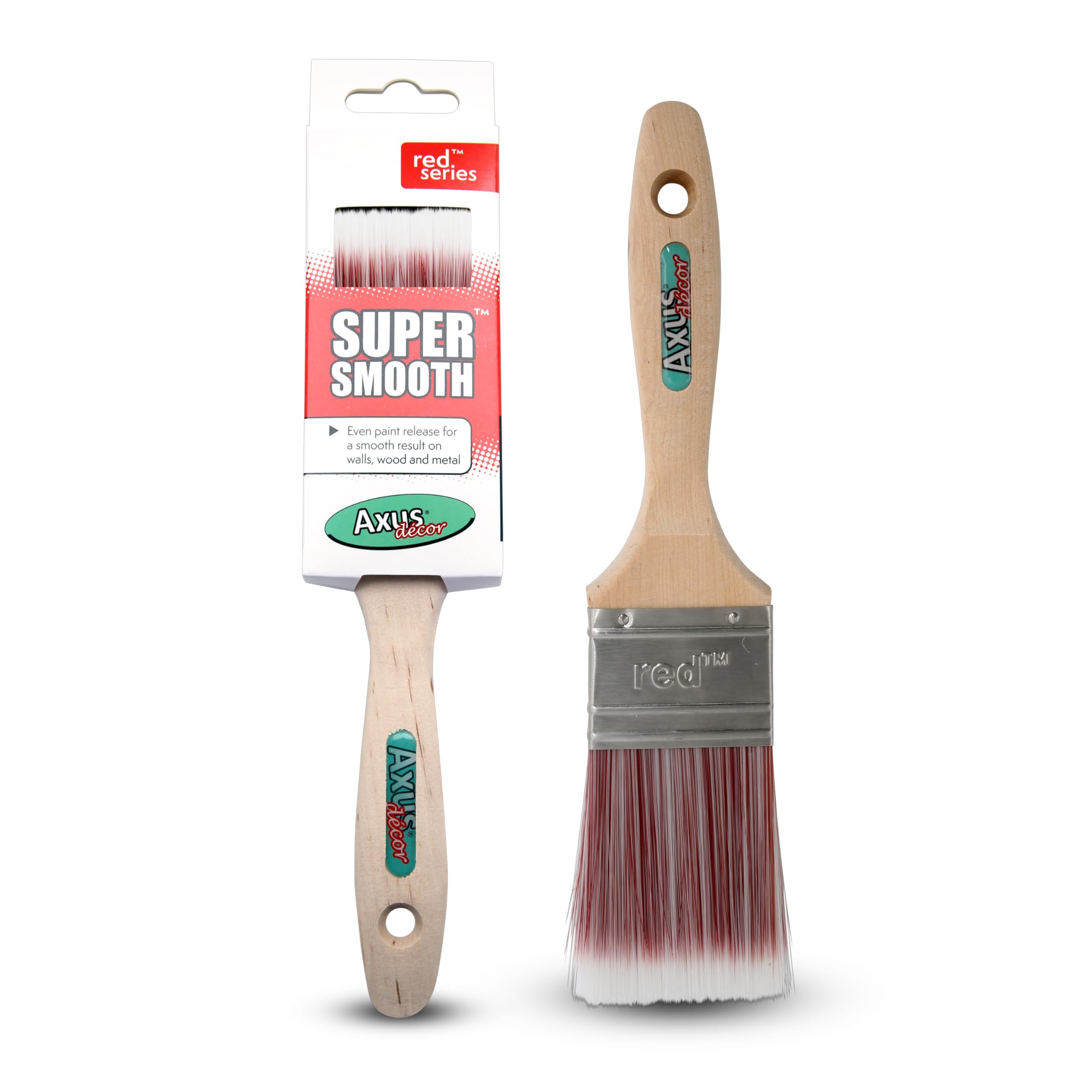 Axus Decor Red Axus Décor Super Smooth Finish ( Color) Paint Brush - For All Paints, Unvarnished, Hardwood, Beaver Tail Handle, Rust-Resistant Stainless Steel Ferrule, Synthetic Filaments - 2"/50Mm