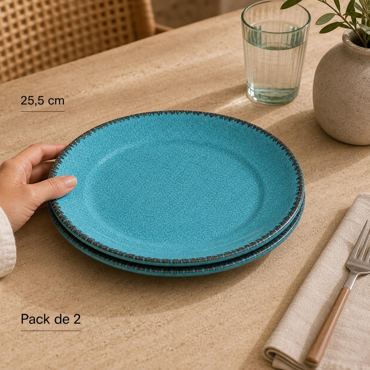 Pack 2 Platos Llanos Melamina 25,5 cm Azul Turquesa | Efecto Cerámica Artesanal Craquelado | Vajilla Ceracor Resistente a Roturas, Apta Lavavajillas