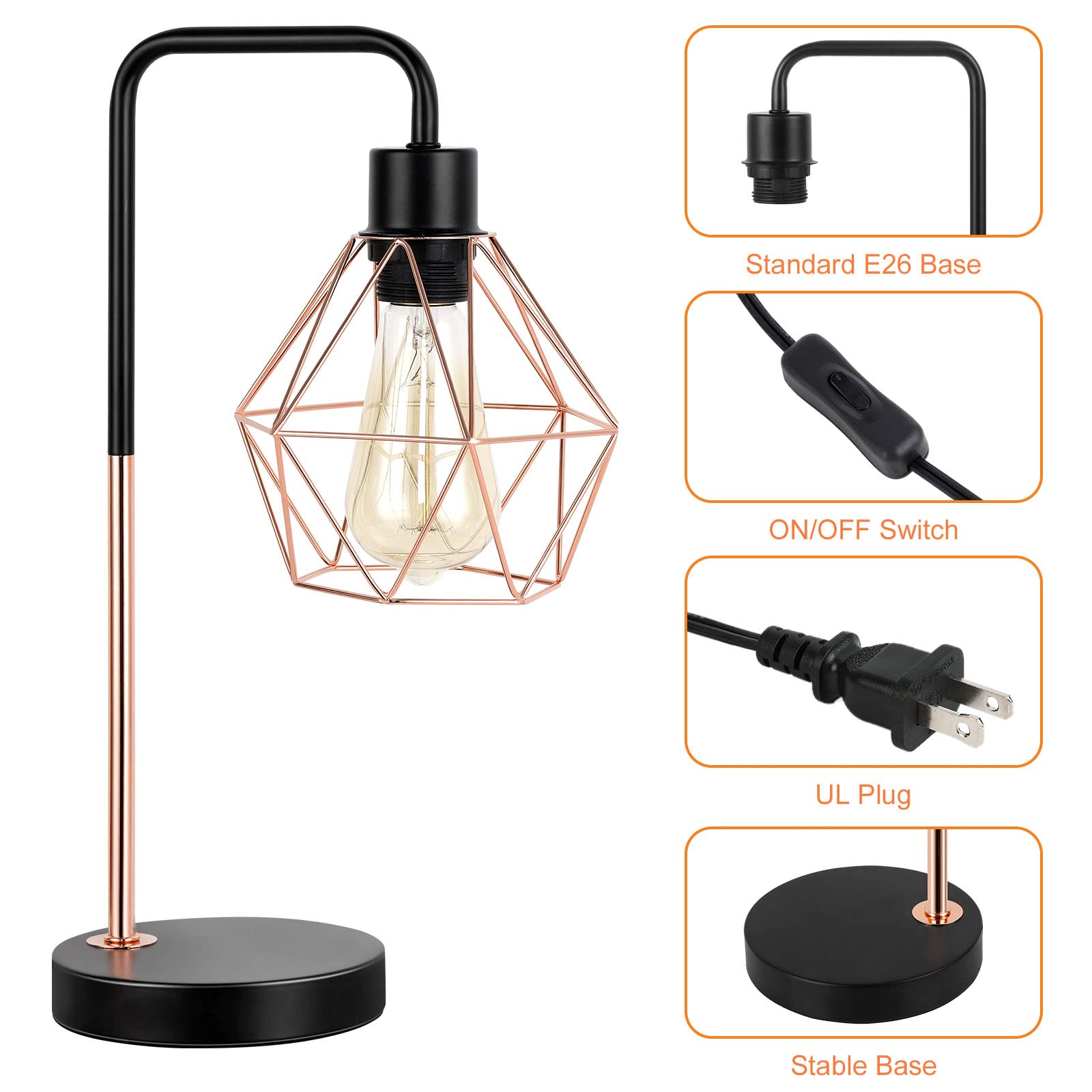 smusei Industrial Table Lamp Modern Metal Bedside Lamps with Geometric Cage Shade Stylish Design Desk Lamps for Bedroom Office Living Room, Rose Gold