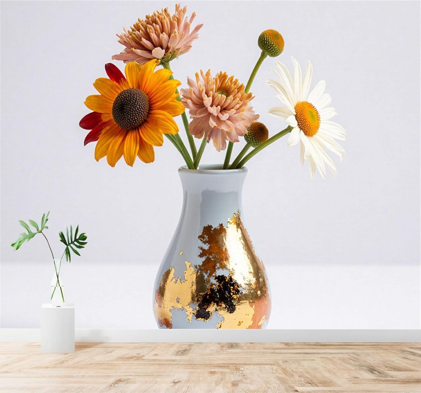 XLMING Gold Leaf Vase Colourful Wildflowers Vibrant Flowers Art 3D Wallpaper Silky Texture Home Study Office Grey Dining Room Sofa Bedroom Living Room TV Backdrop-430cm×300cm