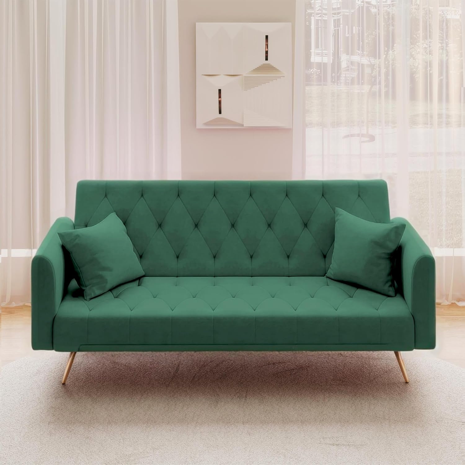 Anwick Modern Velvet Sofa Bed Futon with 2 Pillows,2-in 1 Convertible Sleeper Couch Bed,Folding Recliner Loveseat with Golden Metal Legs for Living Room Apartment Office (Green)