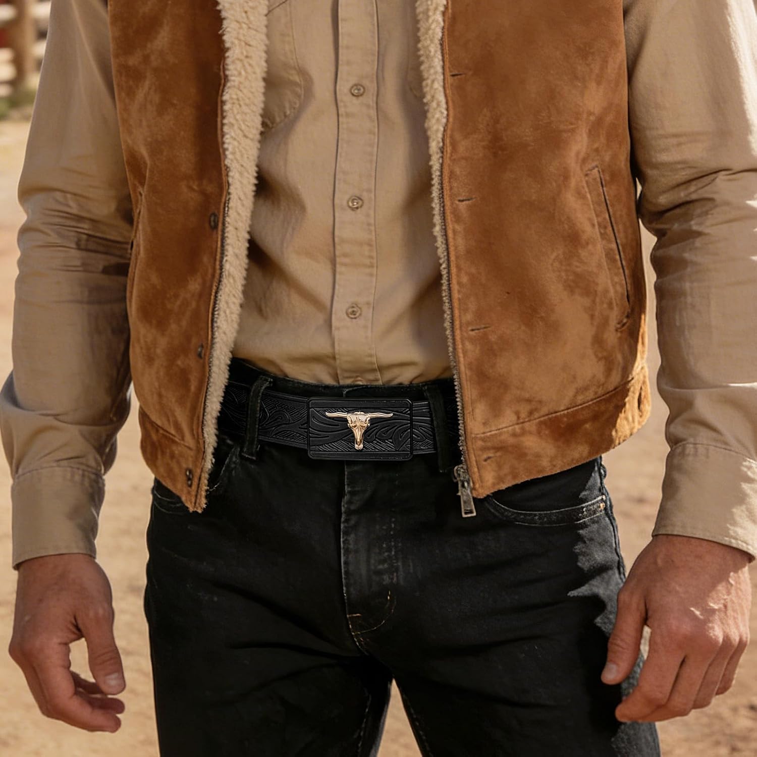 Western Ratchet Belts for Men Leather Cowboy Belts for Men with Automatic Western Buckle for Jeans Mens Present (35mm)