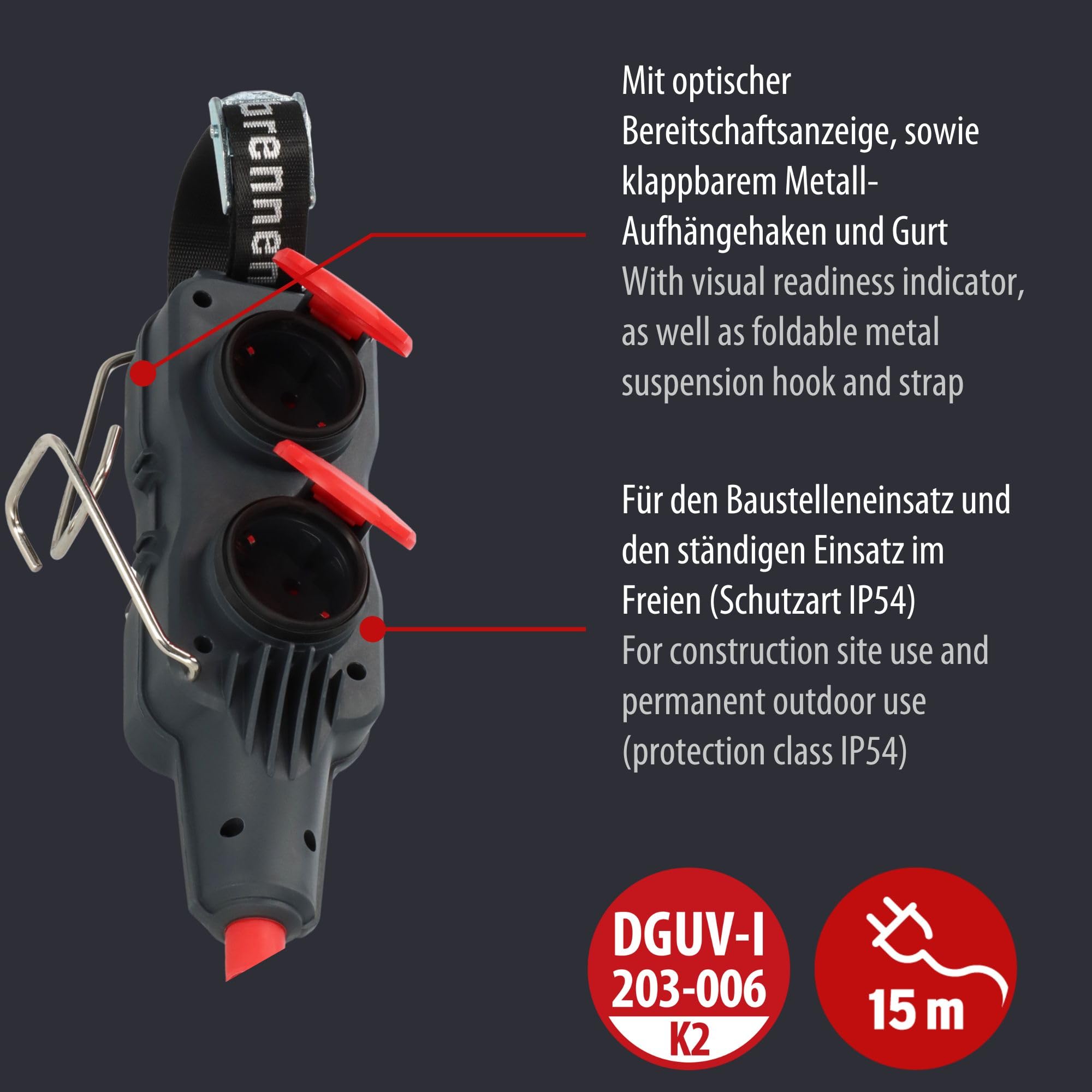 Brennenstuhl Professional Powerblock mit Verlängerungsleitung 4-Fach, 15m | Verteilersteckdose für den Baustelleneinsatz und ständiger Einsatz im Freien, IP54, Steckdosen in 45°-Anordnung
