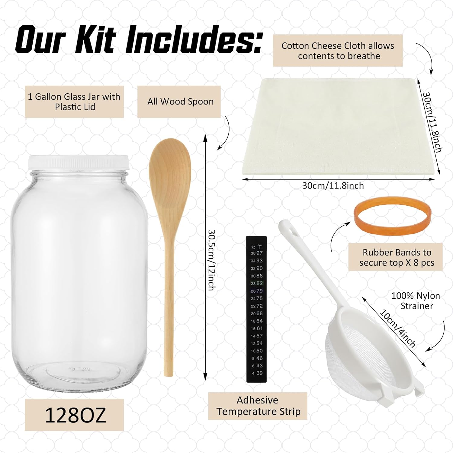 Honeydak 16 Pcs Complete Kefir Starter Kit Kombucha Fermenter Kit Gallon 128oz Mason Jar Wide Mouth with Plastic Storage Lid Nylon Mesh Strainer Cotton Cloth Cover and Wood Spoon
