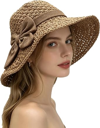 PURFUN النساء خمر Bowknot Straw Hats شكل زهرة Cloche Hat Anti-UV Floppy Sun Hats Bucket Hat Roll Up Travel Beach Caps