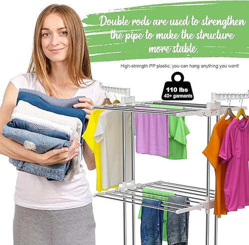 Miniatura 7 de Innotic Tendedero de secado de ropa plegable de 4 niveles con 2 alas laterales ajustables, soporte de lavandería independiente de acero inoxidable