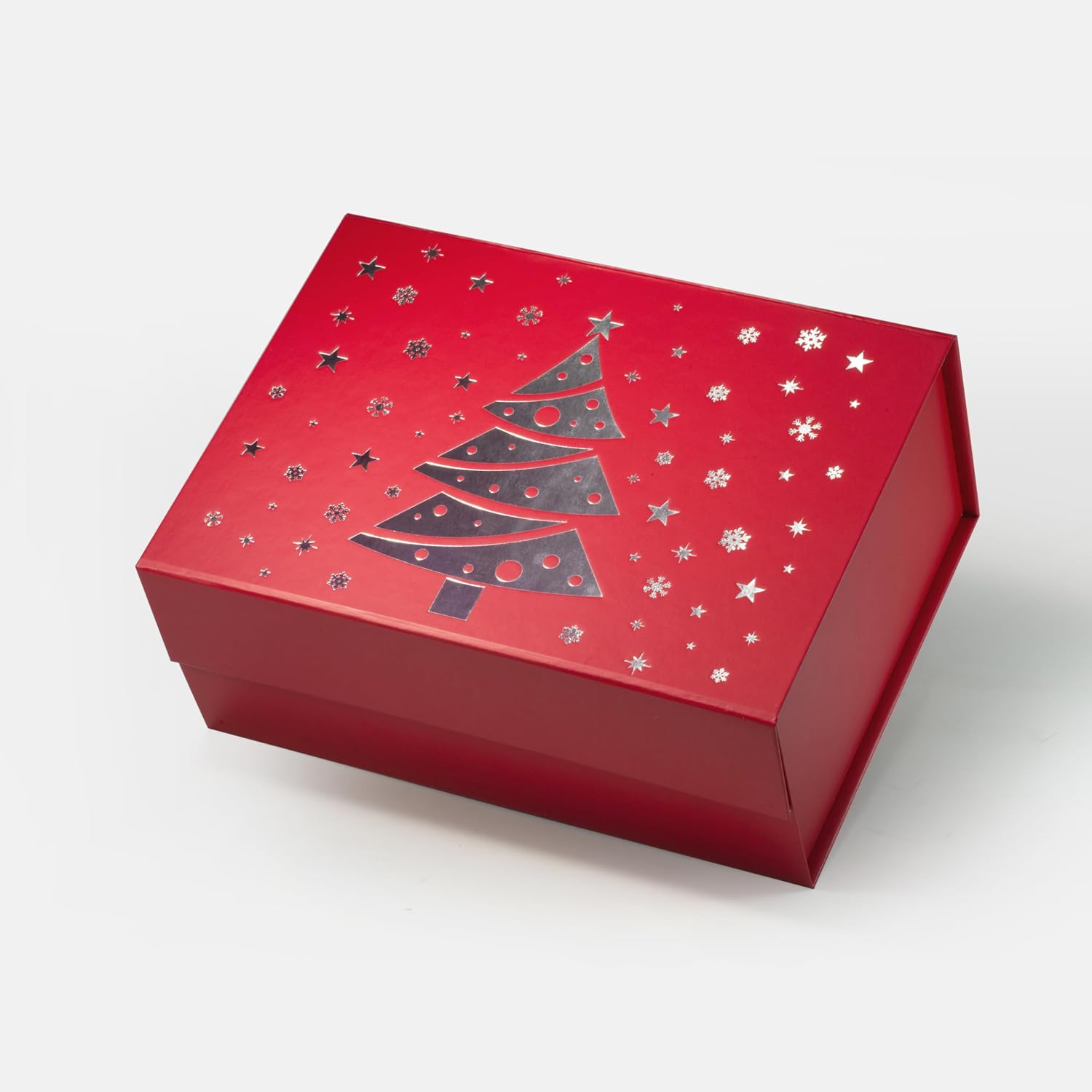 Geoto 11"×8.26"×3.74" Christmas Tree Painting Foldable Medium Size Box for Gift Wrapping, Luxury Rigid Magnetic Closure Collapsible Gift Packaging Boxes(Red with Ribbon)