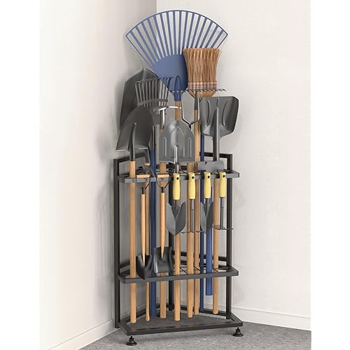 Garden Tool Organizer for Corner,Metal Yard Tool Organizer for Long-Handled Tools/Rakes/Brooms,Side Garden Pocket,Heavy Duty Steel Yard Tool Storage Rack for Garage,Shed, Outdoor