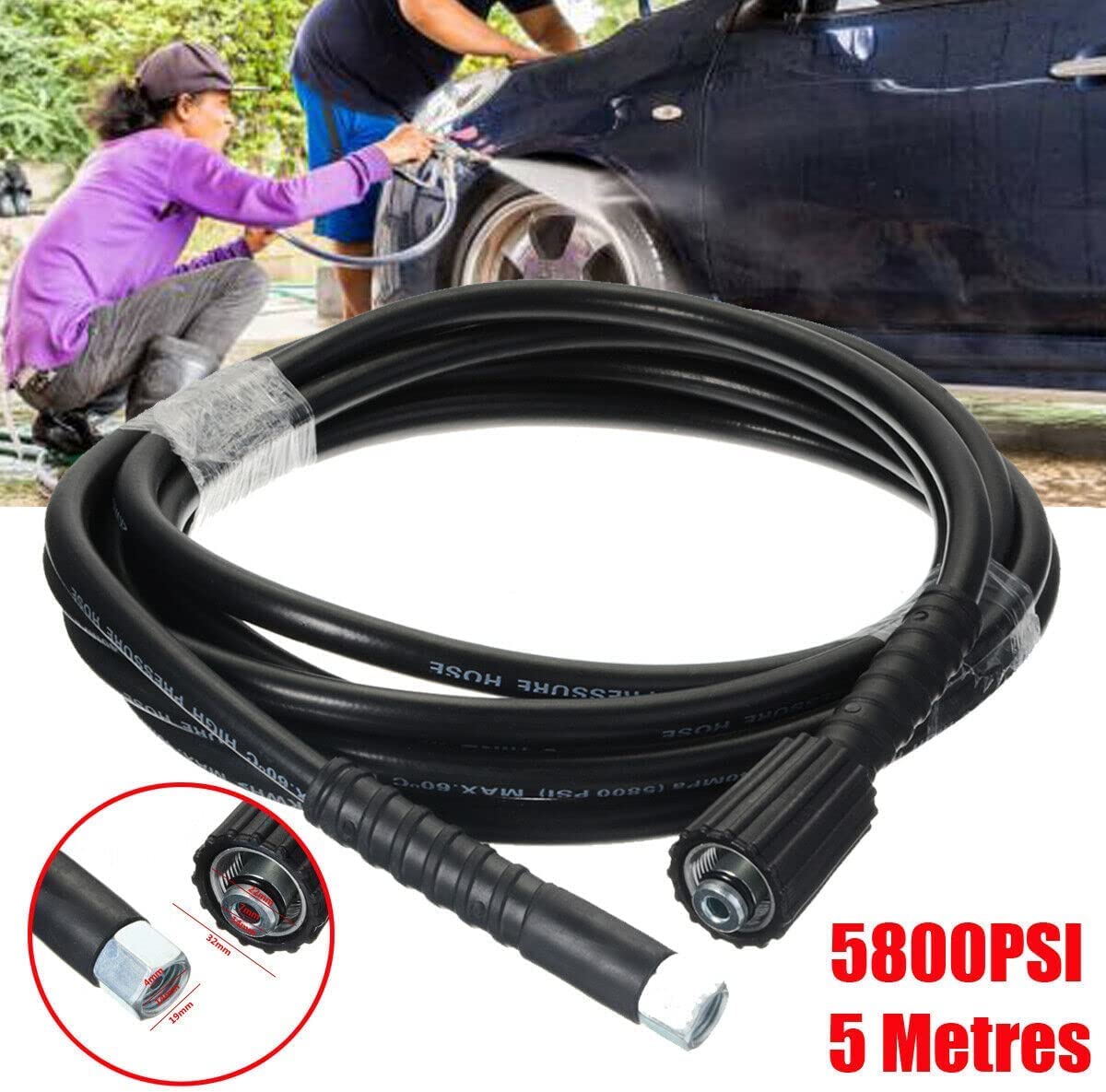 YUET Tuyau de Rechange pour Nettoyeur Haute Pression de 5 M pour Lavage de Voiture, Nettoyage de Jardin, Connecteur Fileté M14 x M22, Tuyau d'extension de Jet et Vidange 14mm,Noir