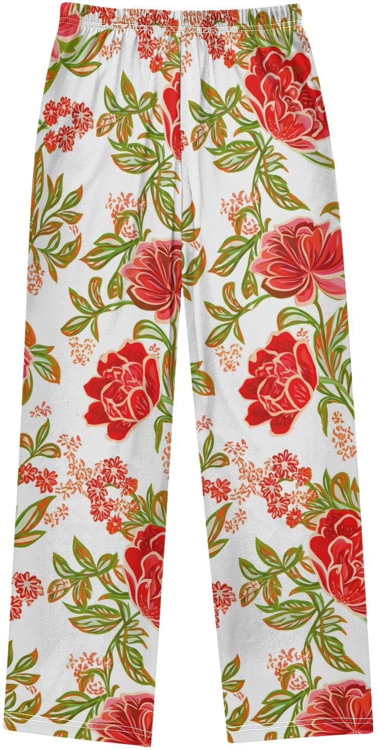 J JOYSAY Floral Peony Foliage White Pajamas Pants Soft Long Pajama Bottoms Lounge Sleep Pants Size S-XL