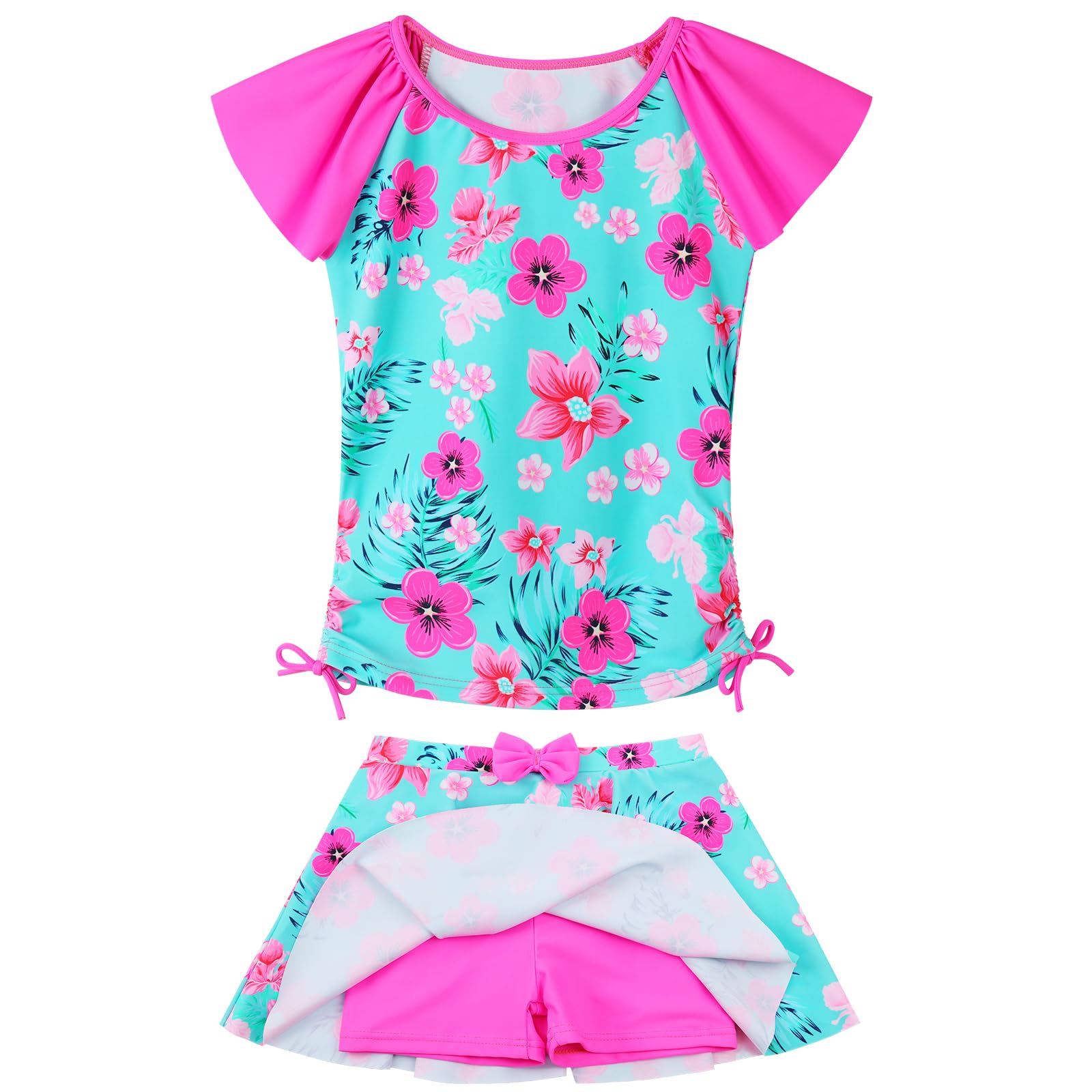 BAOHULU Girls Rash Guard 2 Pieces Bathing Suit UPF50+ Swimsuit with Swimming Skirt Swimwear 2-12Y S377_BlueFlower_10A