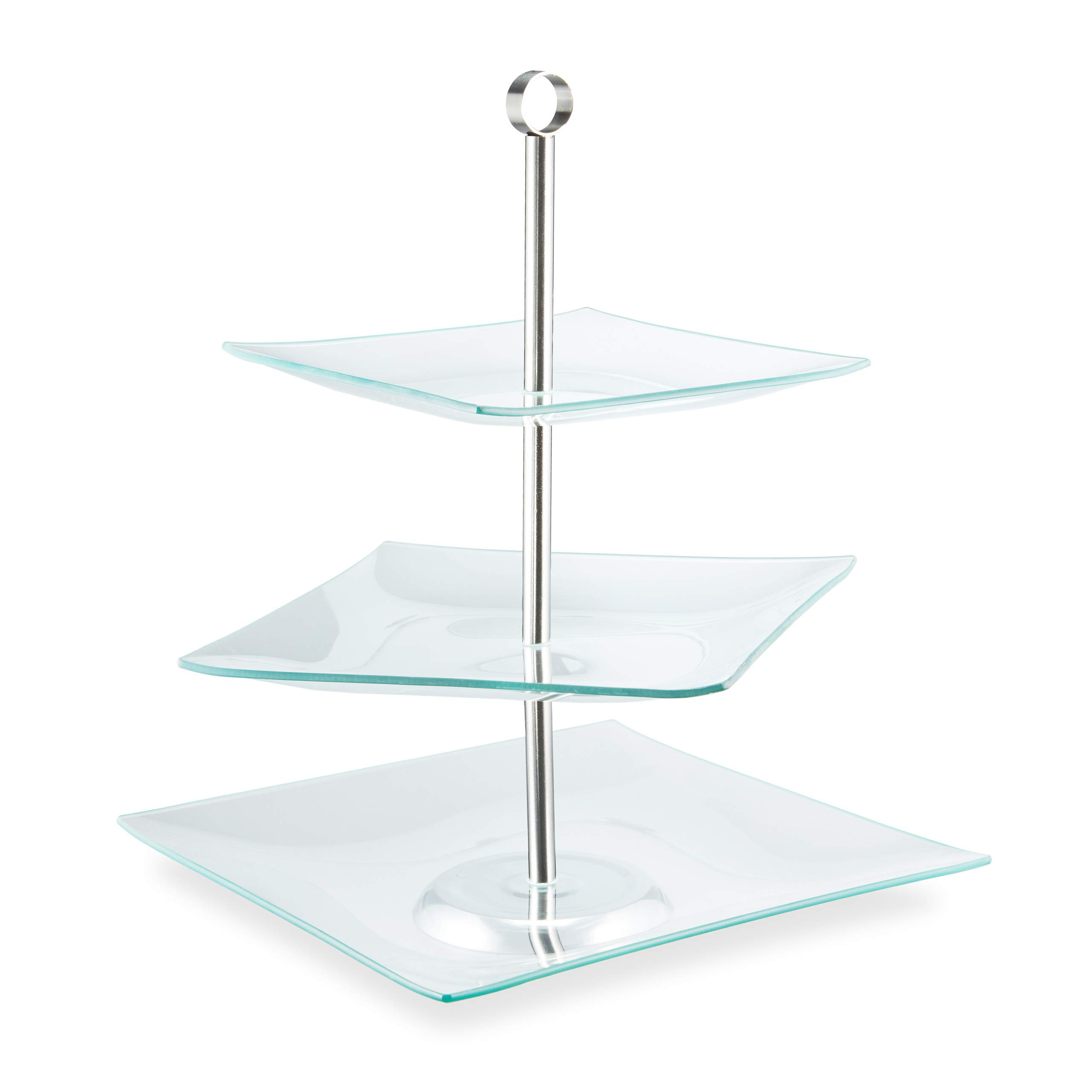 Relaxdays Soporte Tartas 3 Pisos, Cuadrado, Bandeja Cupcakes, Plato Galletas, Frutero, 40x30x30, Transparente y Plateado