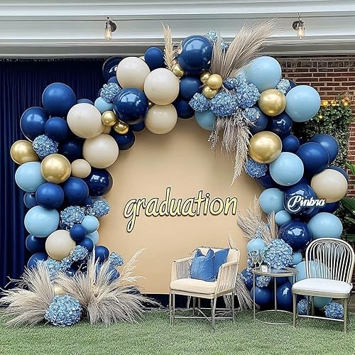 Miniatura 8 de Guirnalda de globos azul marino, doble relleno, globos de arena azul polvoriento, dorado y blanco, kit de arco de látex metálico beige crema para