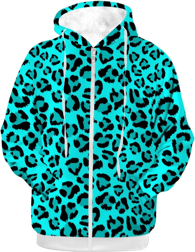 Women's Leopard Print Winter Coat,Cheetah Fleece Lined Jacket Zip-up Hoodie Warm Sweatshirt