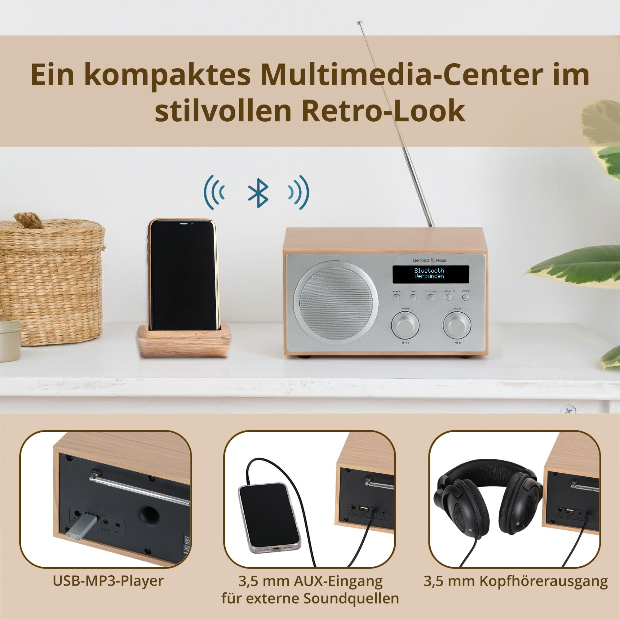 Bennett & Ross DAB-258 NT Vikedal DAB+/FM Digitalradio - Bluetooth Streaming vom Smartphone - USB MP3 Player und AUX - Dual Wecker mit Snooze und Sleep-Timer - LCD-Display - Natur