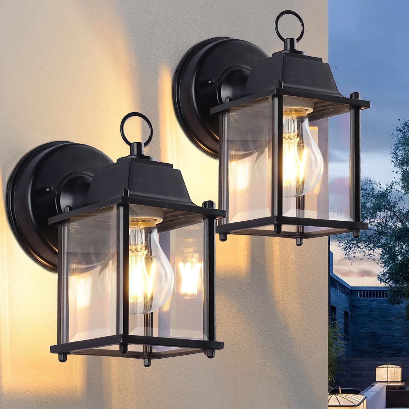 EBION Outdoor Wall Lights,Outdoor Wall Lantern IP44 Waterproof,Black Exterior Wall Sconce Light Fixtures with Clear Glass Shade,Aluminum Outside Wall Lamp for Porch Front Door Patio Garden,2 Pack