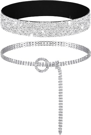 Pangda 2 Pcs Women Stretchy Rhinestone Dress Glitter Belts O Ring Buckle Bling Diamond Belts for Women Shiny Party