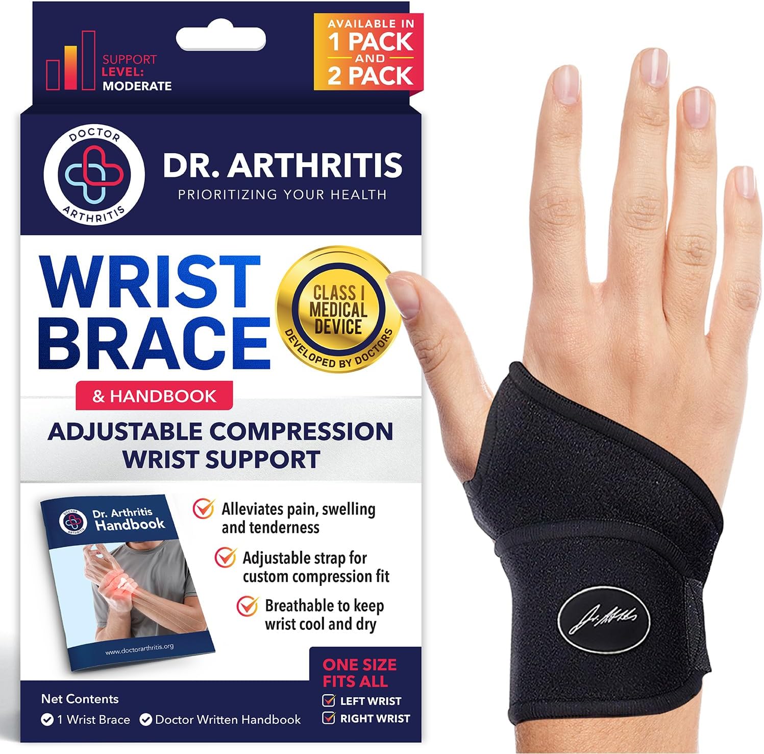 Doctor Developed Wrist Supports - For carpal tunnel, wrist injuries, arthritis, hand support - Wrist brace and Wrist Strap with Handbook (Single)