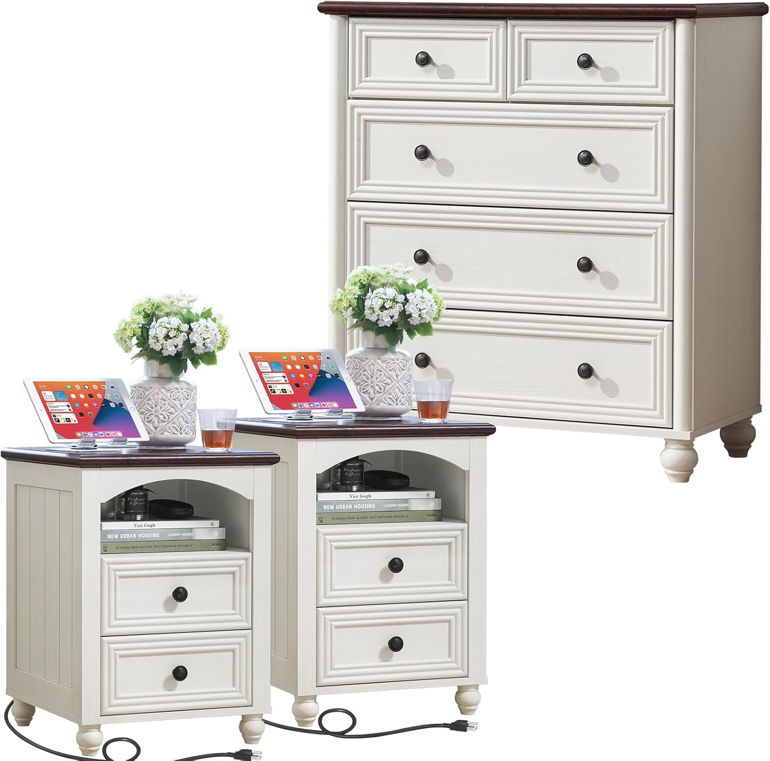 Dressers and Night Stand Set of 3, Wood 35.5'' Tall Small Dresser and 18'' Wide Chest of Drawers with Charging Column Nightstand Set of 2,Bedroom Furniture Dresser Suites for Home Living Room Hallway