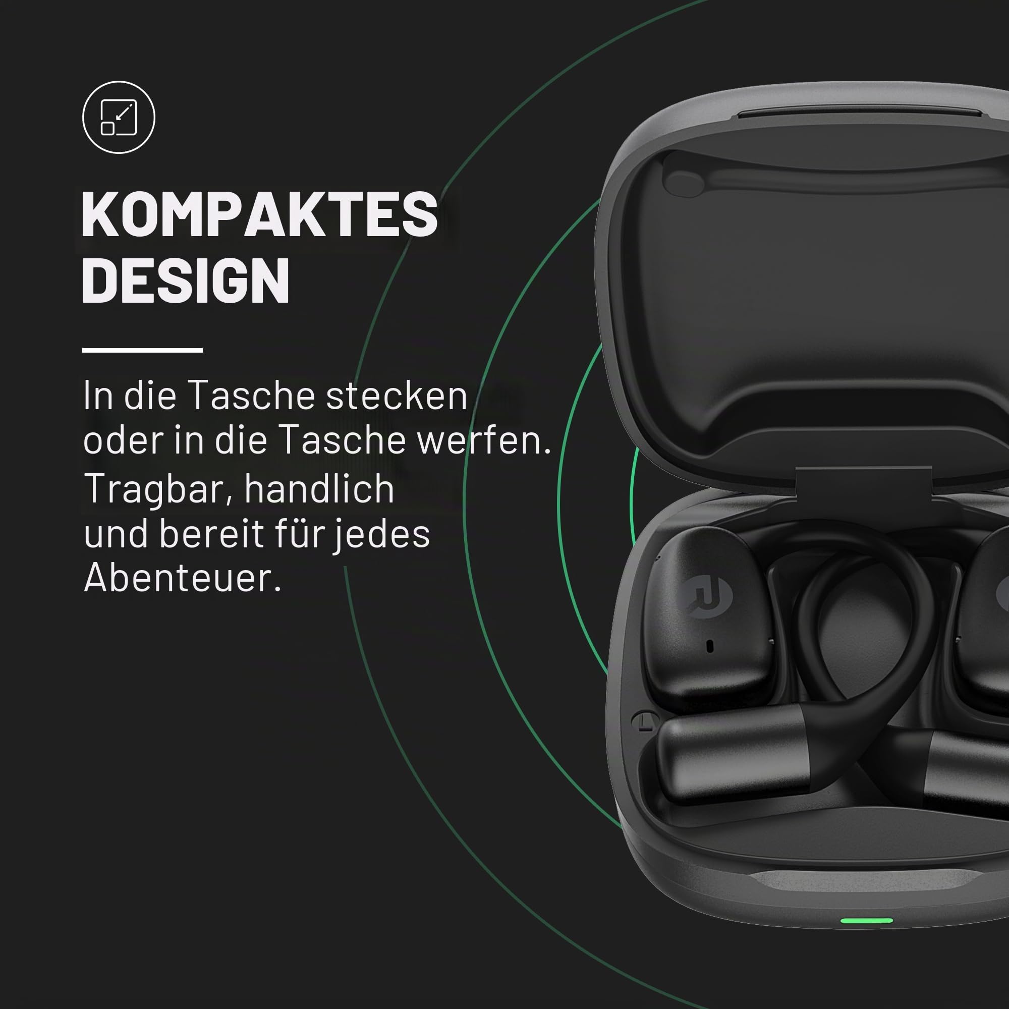 Raycon Essential Open Ear Earbuds - Open Ear Kopfhörer, Earbuds Wireless Bluetooth, Schweiß- & Wasserabweisende Ohrhörer, Laufkopfhörer mit ultraleichtem Design, 36 Stunden Akkulaufzeit (Schwarz)