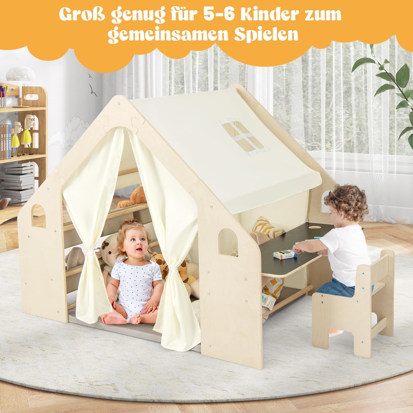 DREAMADE Kinderzelt für Drinnen mit Matte und Kindertisch & Stuhl Set und Aufbewahtungsbox, Spielzelt Kinderspielhaus, Indoor Spielhaus aus Holz für Kinder ab 2 Jahren (Groß mit 6 Boxen)