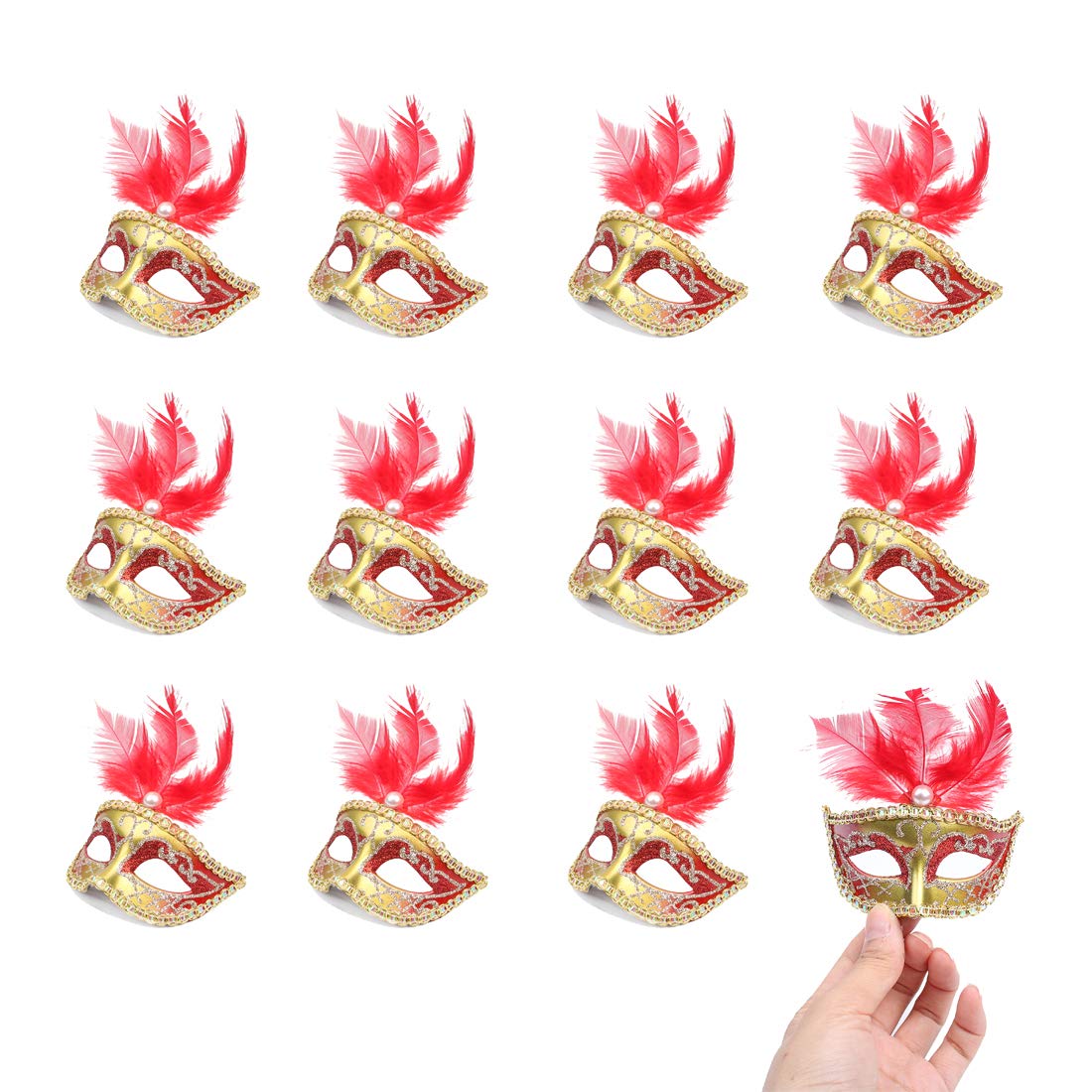 BONAKULA 24 Pieces Decorative Mini Masquerade Mask Party Decorations Luxury Feather Mardi Gras Venetian Masks Party Favors (Red)