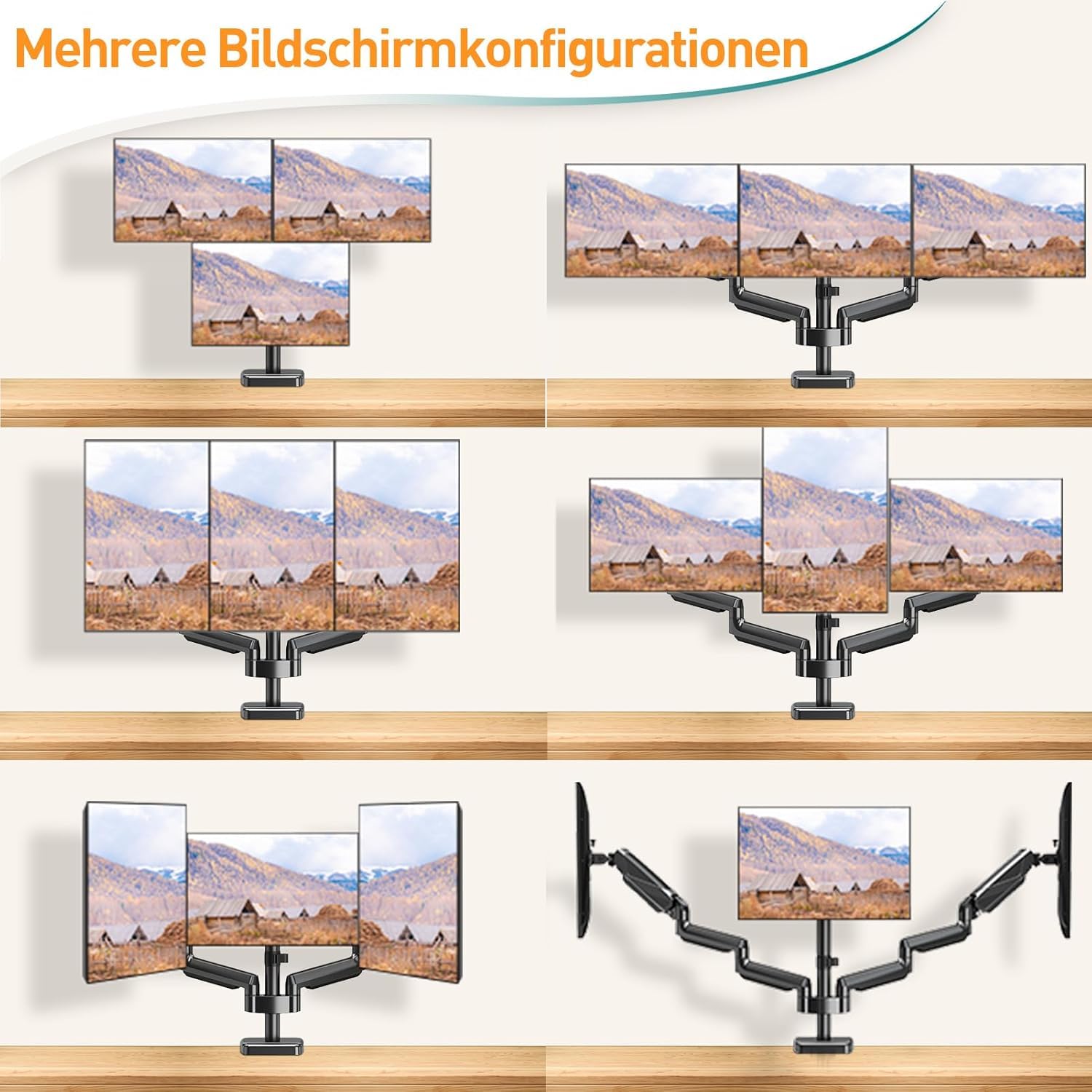 ELIVED Monitor Halterung 3 Monitore für 13-27 Zoll Bildschirme bis zu 9kg mit VESA 75/100, Gasdruckfeder 3 Monitorhalterung, Neigbar Schwenkbar Drehbar Höhenverstellbar Monitor Arm EV006