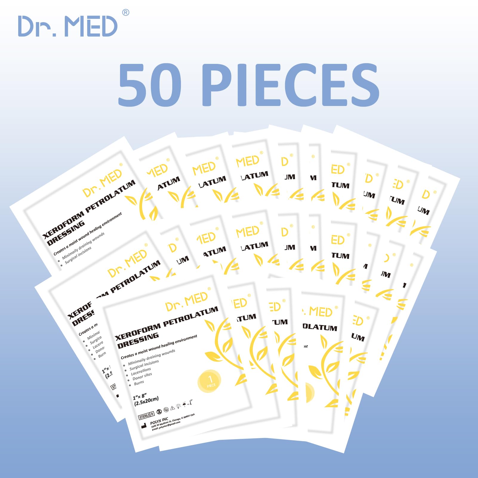 Dr.Med Xeroform Petrolatum Dressing Patch, 1"x8"-50 Pcs/Box, Non-Adherent Gauze Dressings, for Minor or Partial Thickness Burns, Lacerations, Skin Graft Recipient Sites, Newly Sutured Wounds — Amazon image 6