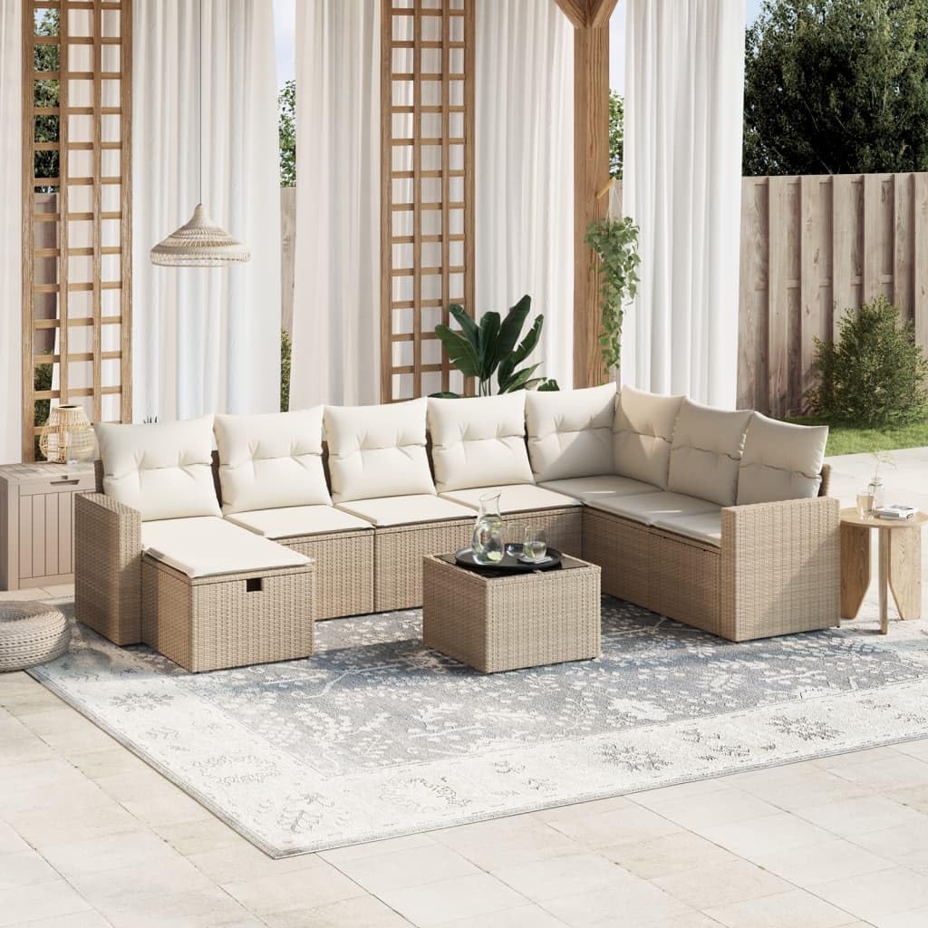 Conjunto Jardín de Ratán con Almacenamiento Conjunto Jardin Exterior Muebles Jardin Exterior Sofá de Esquina Sofá para Jardin Terraza Resistente a la Intemperie-Beige y Crema-9 pzas/Tipo 2