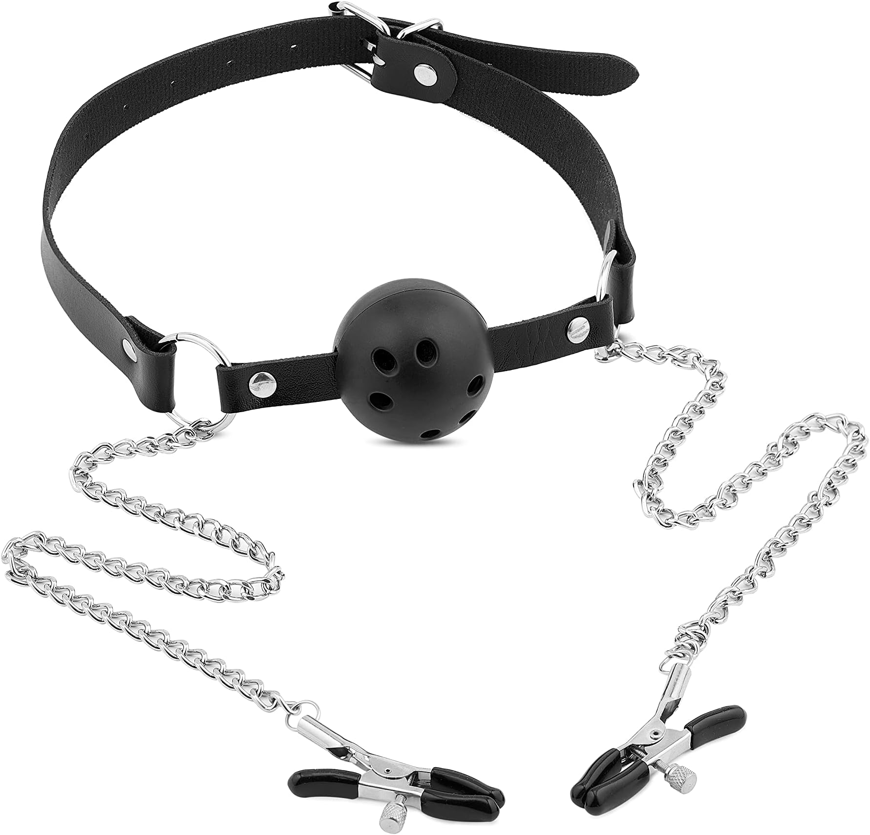 PASTOS Breathable Mouth Gag Ball - Open Mouth Plastic Ball - Mouth Plug Sex Play - Adjustable Mouth Ball Breathable - Breast Clips Non Piercing BDSM Play - Clips with Chain and Collar