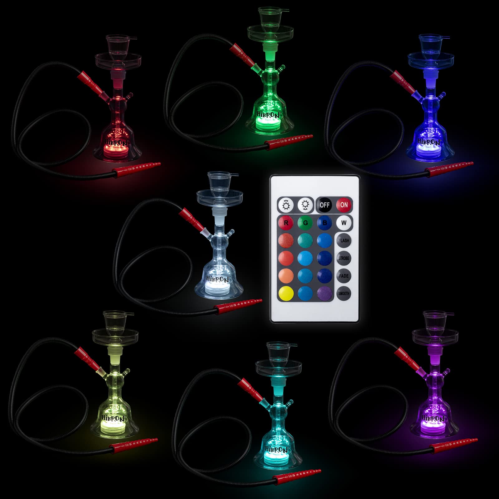 HIBRON Cachimba Buena Profesional 33cm Premium Kit Completo de Cristal Transparente, con 1 Manguera, Luz LED, Mando a distancia y Maletín.