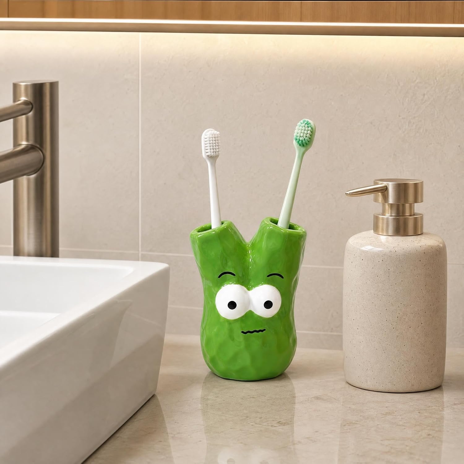 Cute Cartoon Green Onion Ceramic Toothbrush Holder, 2 Slot Funny Toothbrush Stand for Bathroom Countertop Décor image 3