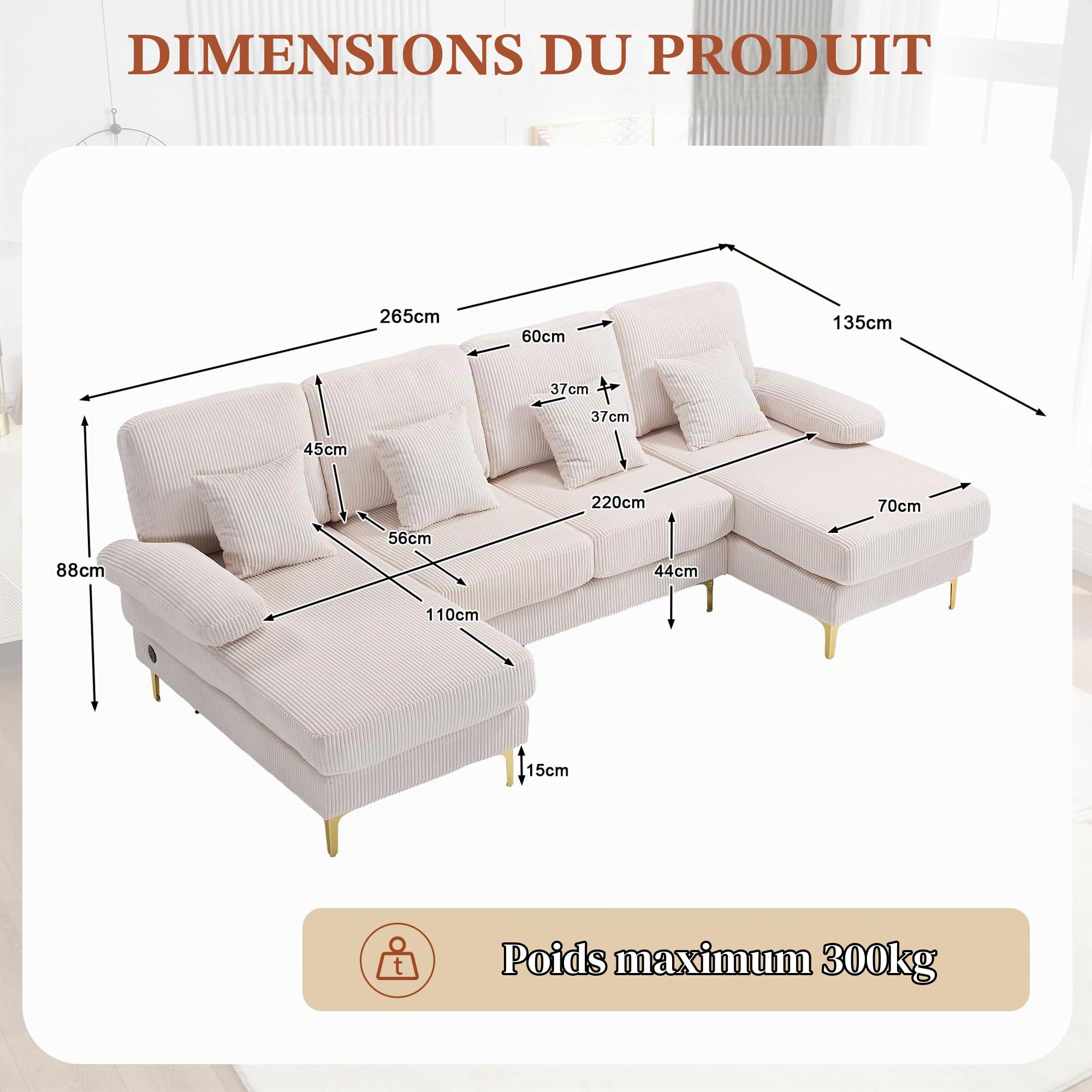 Canapé Moderne en Forme de U avec éclairage d'ambiance LED et Port USB Type C,canapé 4 Places avec 4 Coussins Luxueux et Dossier Ergonomique Haut de Gamme