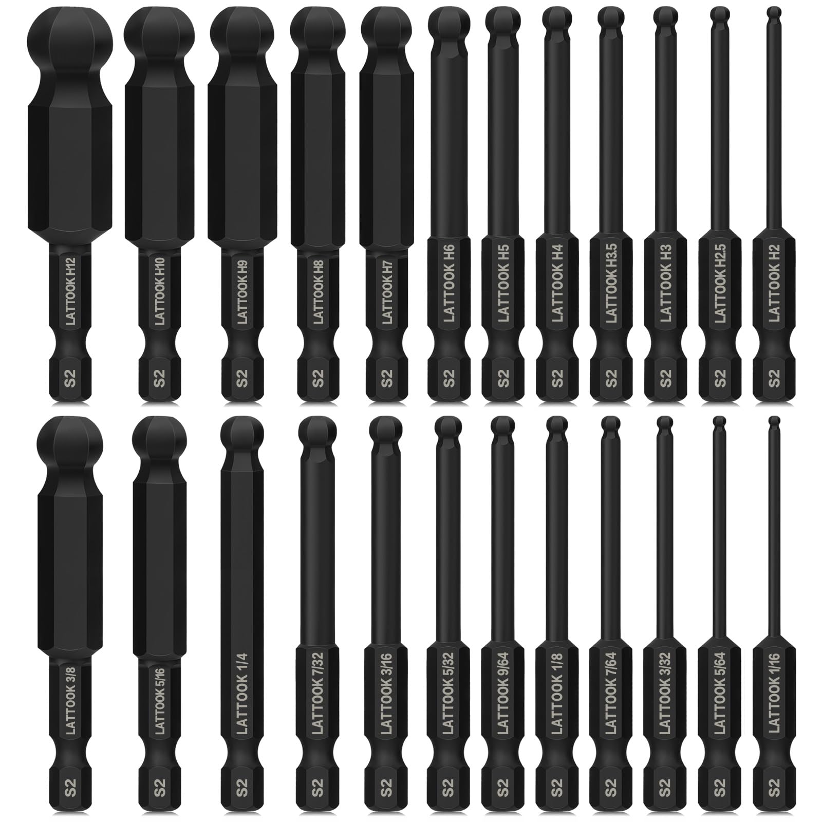 Ball End Hex Head Allen Wrench Drill Bit Set (24PCS Metric & SAE), LATTOOK 1/4" Quick Release Shank Ball End Hex Bit Set Allen Key Bit Set, Magnetic