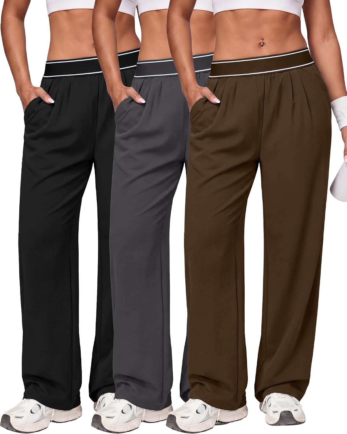 Coume 3 Pack Women Lightweight Straight Leg Pants Quick Dry Baggy Track Pants Elastic Waist Yoga Workout Trousers with Pocket
