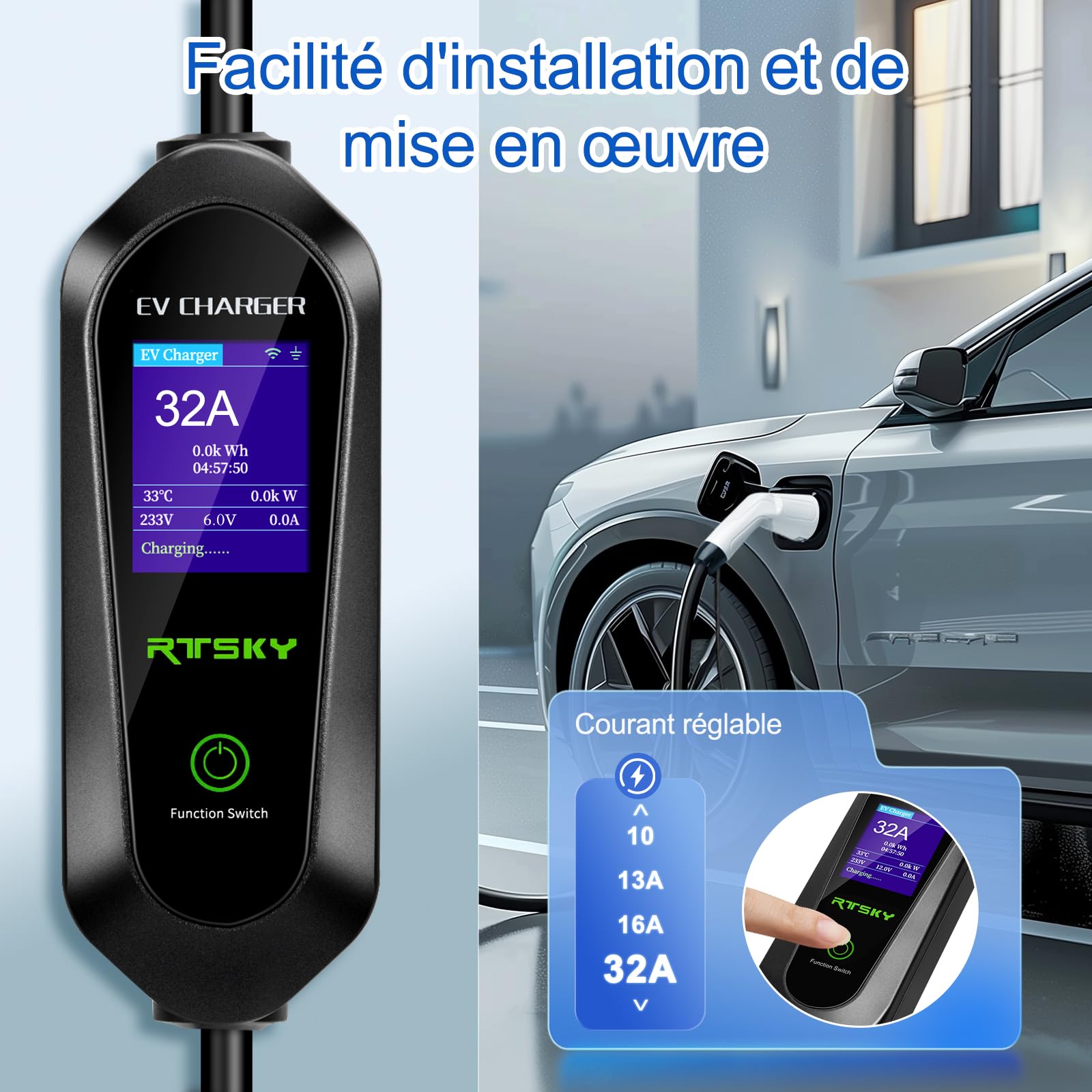 Mobile Wallbox 7kW Cavo Ricarica Auto Elettrica CEE 32A su Tipo 2, 5M, 8-32A Caricatore Auto Elettrica con Display Digitale, EV Chargers per Auto Elettriche